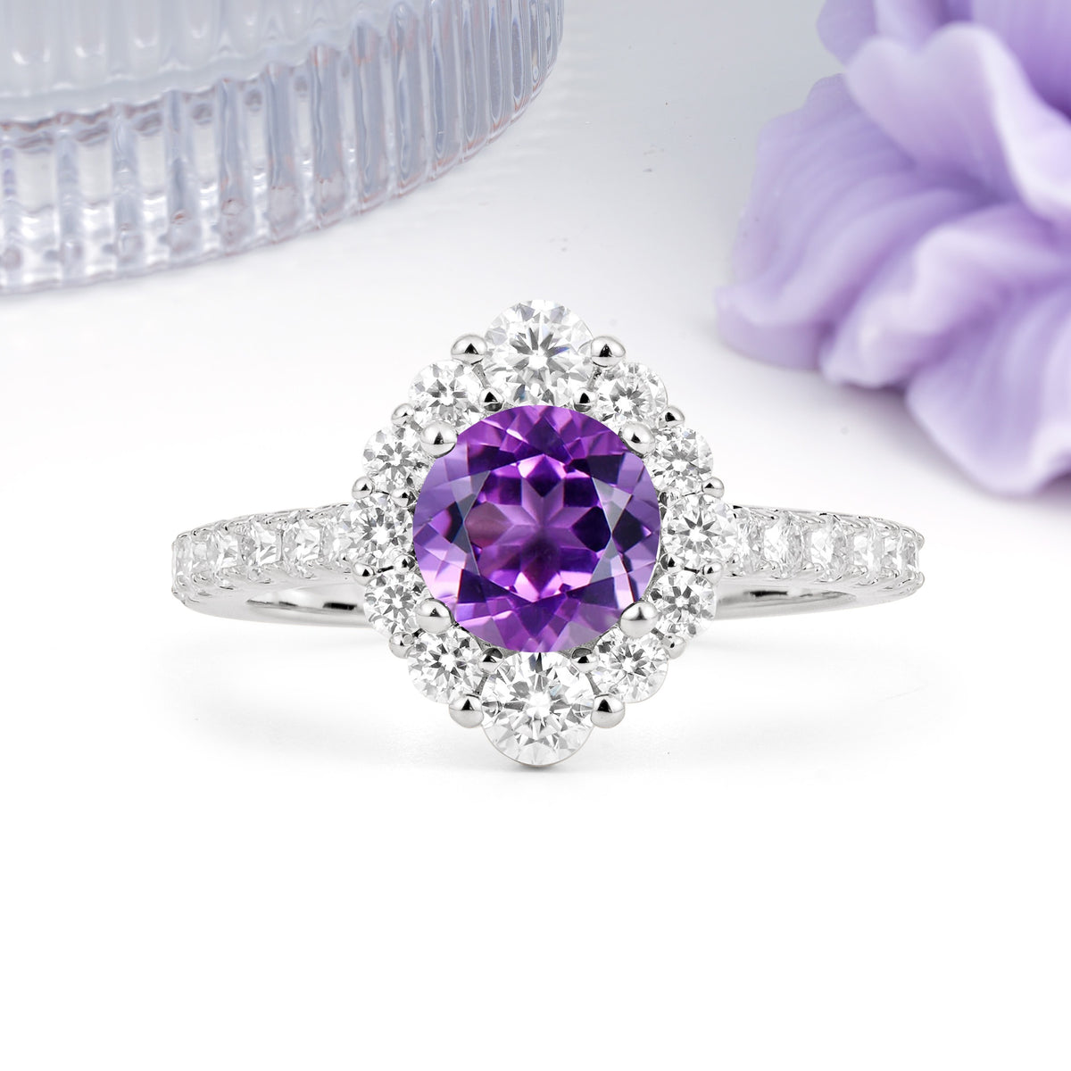 Unique Pavé Setting, Luxurious 4-Prong Round Cut Amethyst Engagement Ring - Additional view