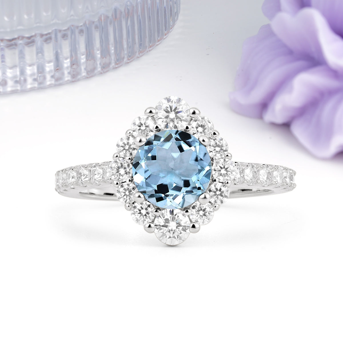 Unique Pavé Setting, Luxurious 4-Prong Round Cut Aquamarine Engagement Ring - Additional view