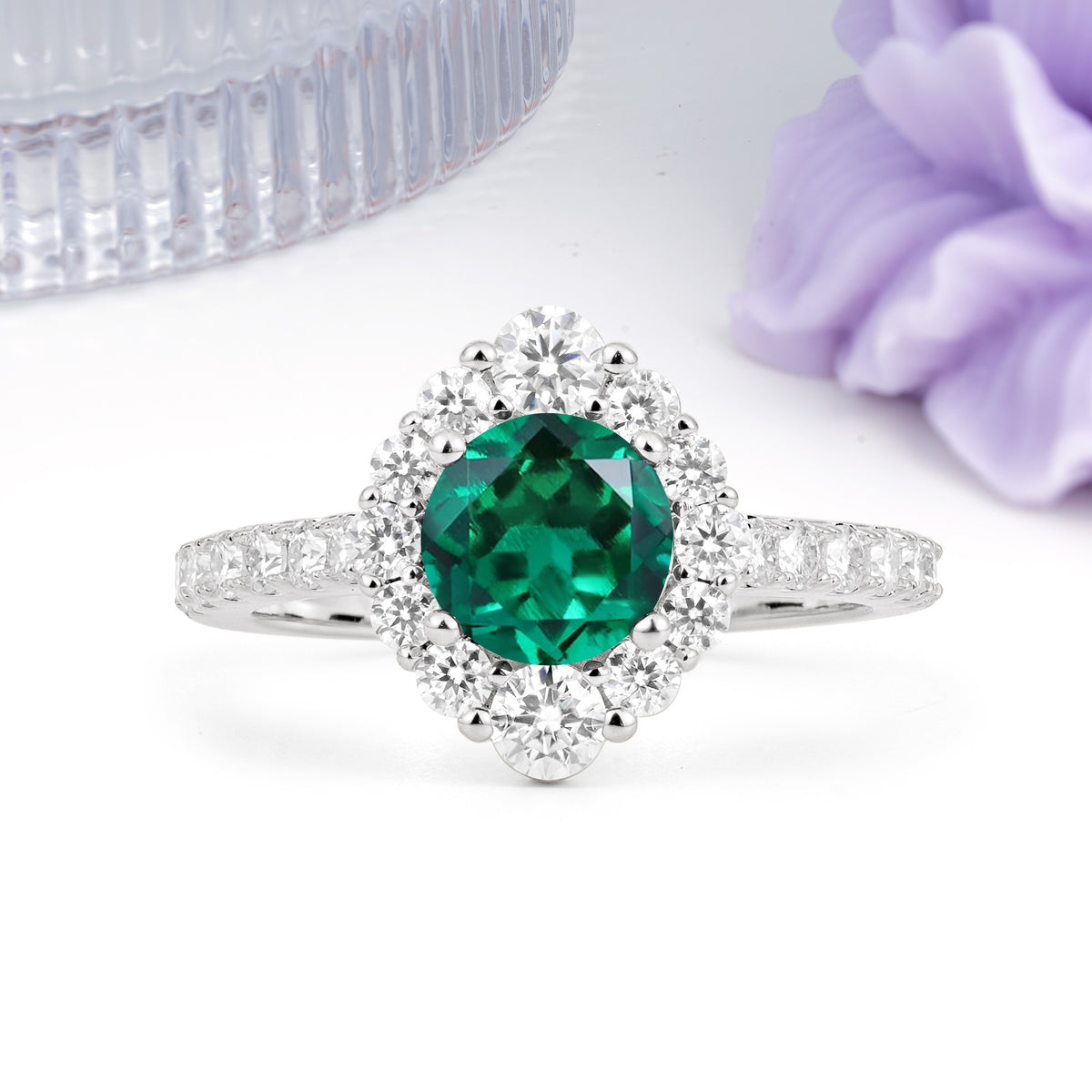 Unique Pavé Setting, Luxurious 4-Prong Round Cut Emerald Engagement Ring - Additional view