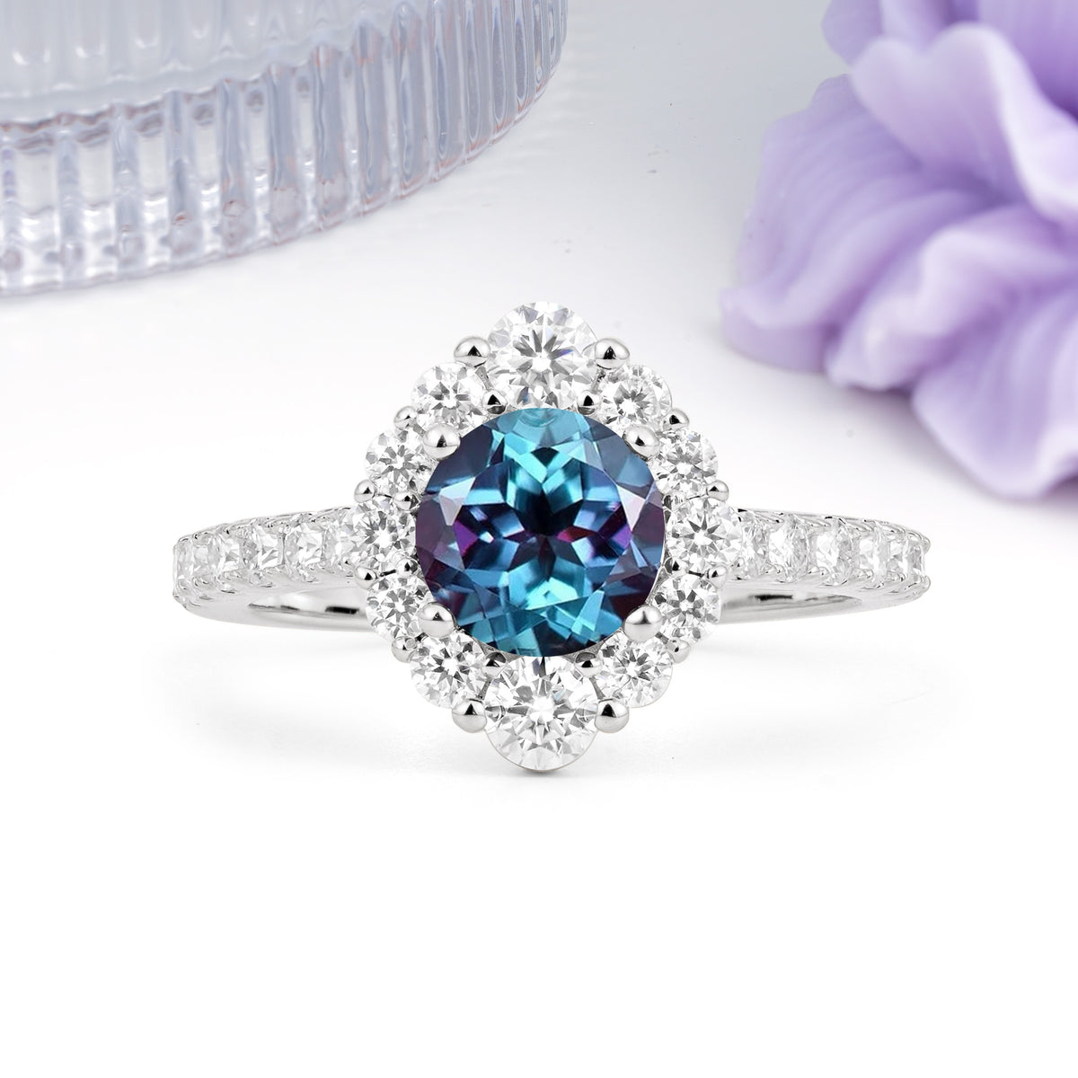Unique Pavé Setting, Luxurious 4-Prong Round Cut Alexandrite Engagement Ring - Additional view