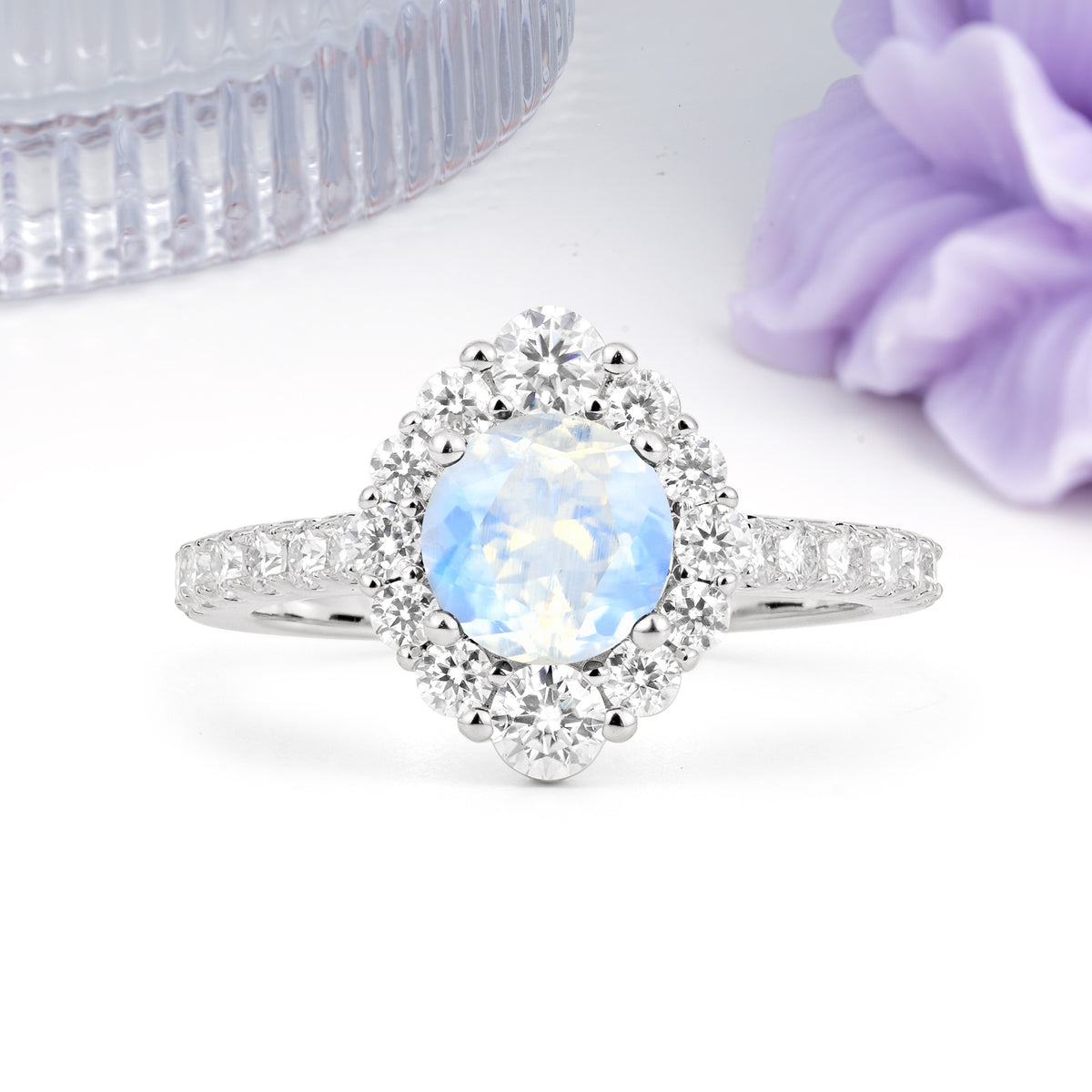 Unique Pavé Setting, Luxurious 4-Prong Round Cut Moonstone Engagement Ring - Additional view