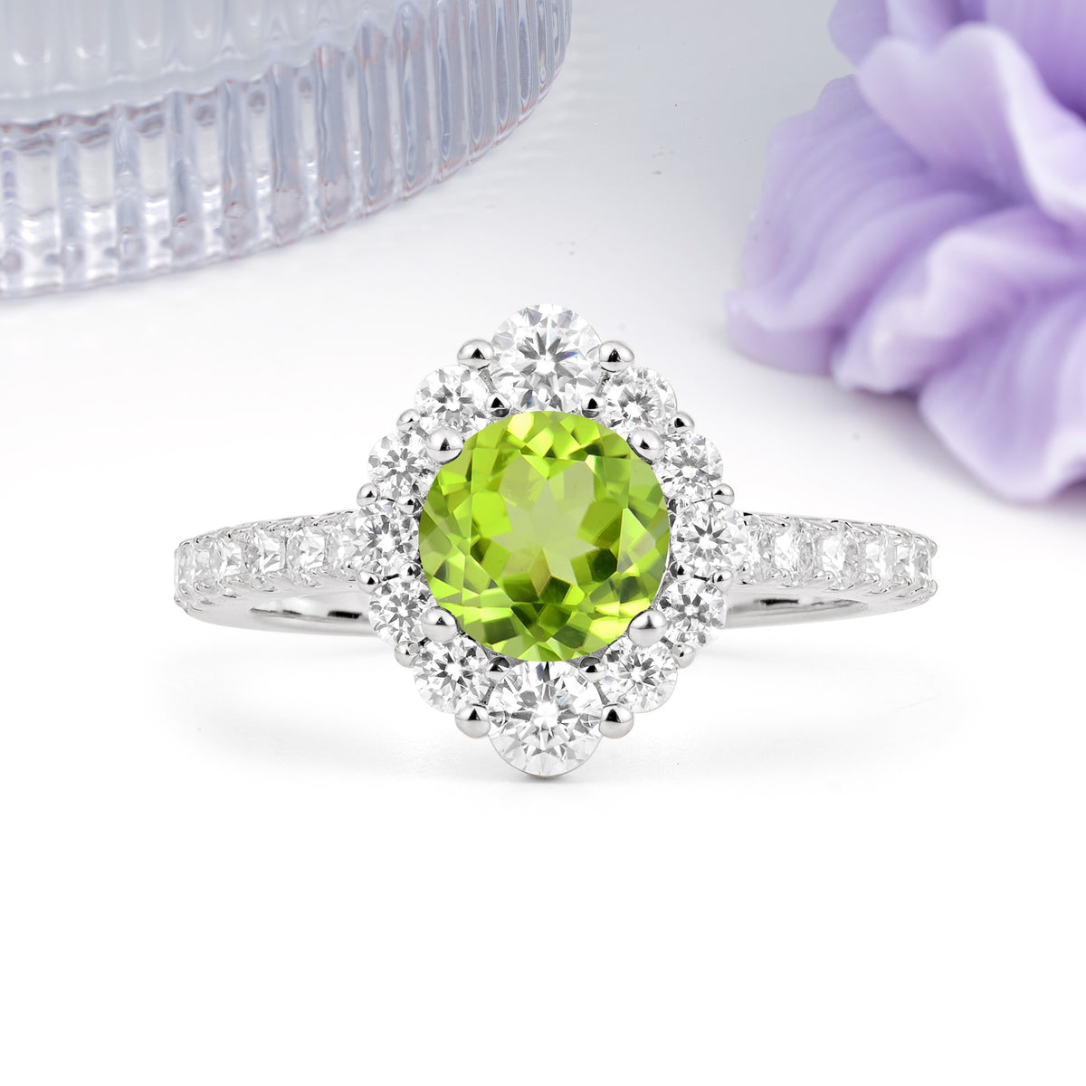Unique Pavé Setting, Luxurious 4-Prong Round Cut Peridot Engagement Ring - Additional view