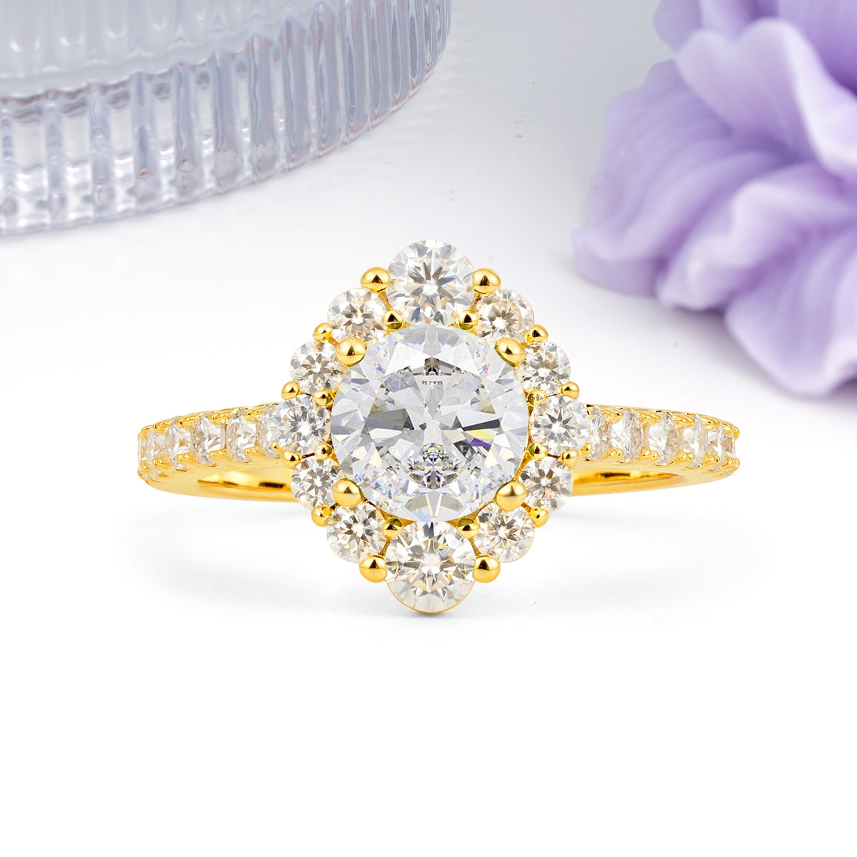 Unique Pavé Setting, Luxurious 4-Prong Round Cut Moissanite Engagement Ring - Additional view