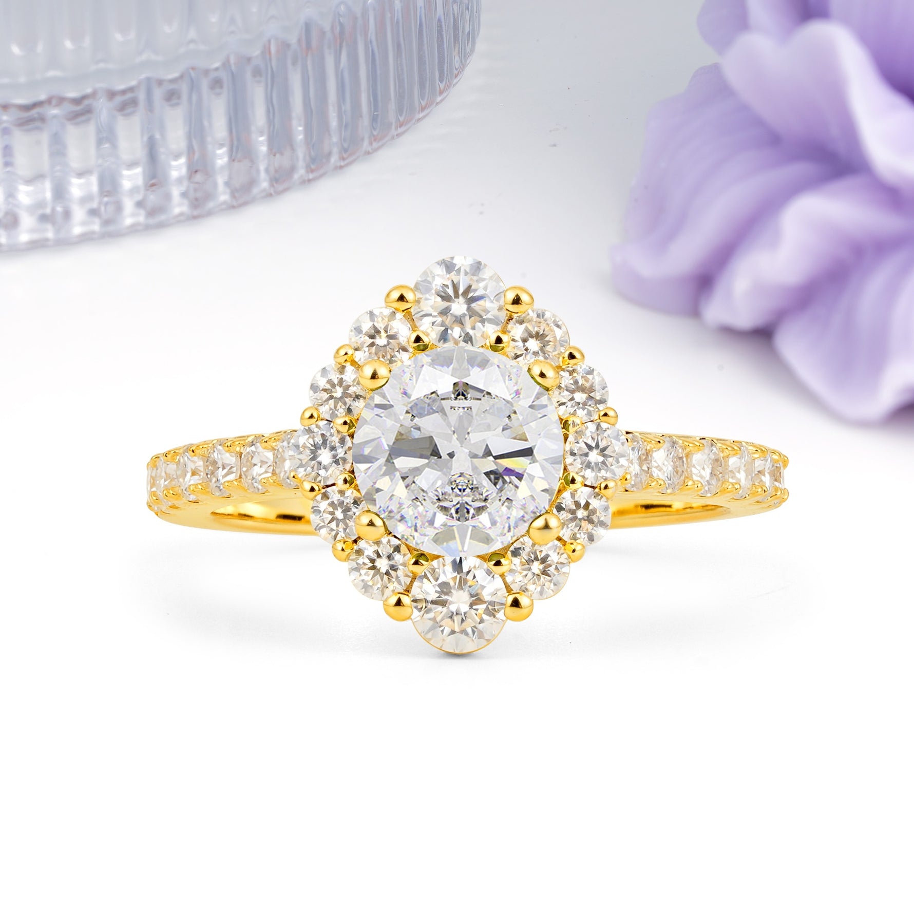 Unique Pavé Setting, Luxurious 4-Prong Round Cut Moissanite Engagement Ring - Additional view