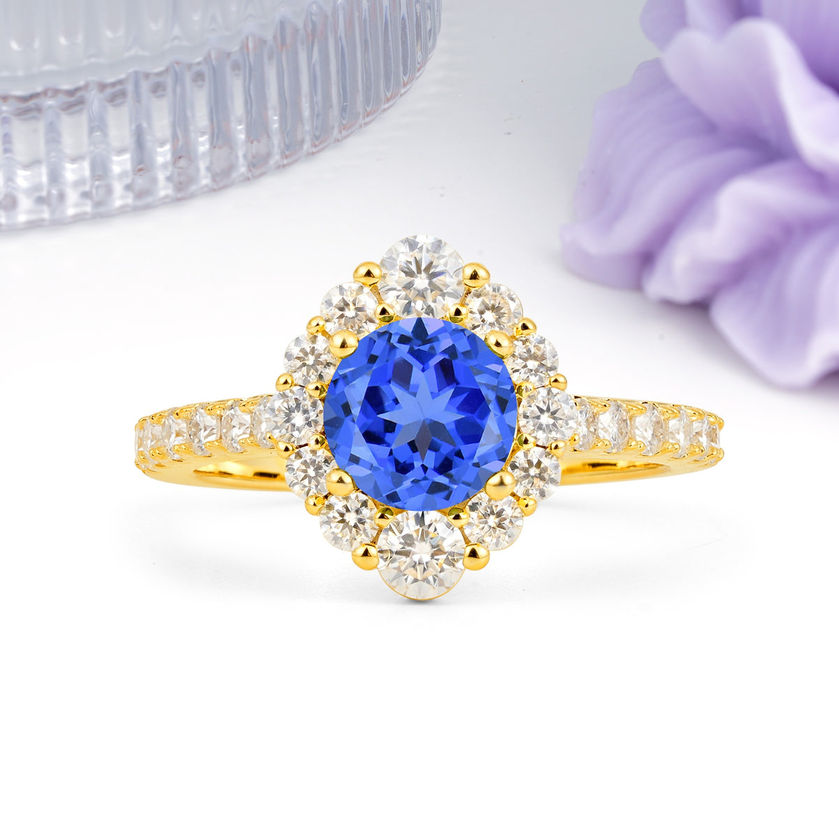 Unique Pavé Setting, Luxurious 4-Prong Round Cut Sapphire Engagement Ring - Additional view