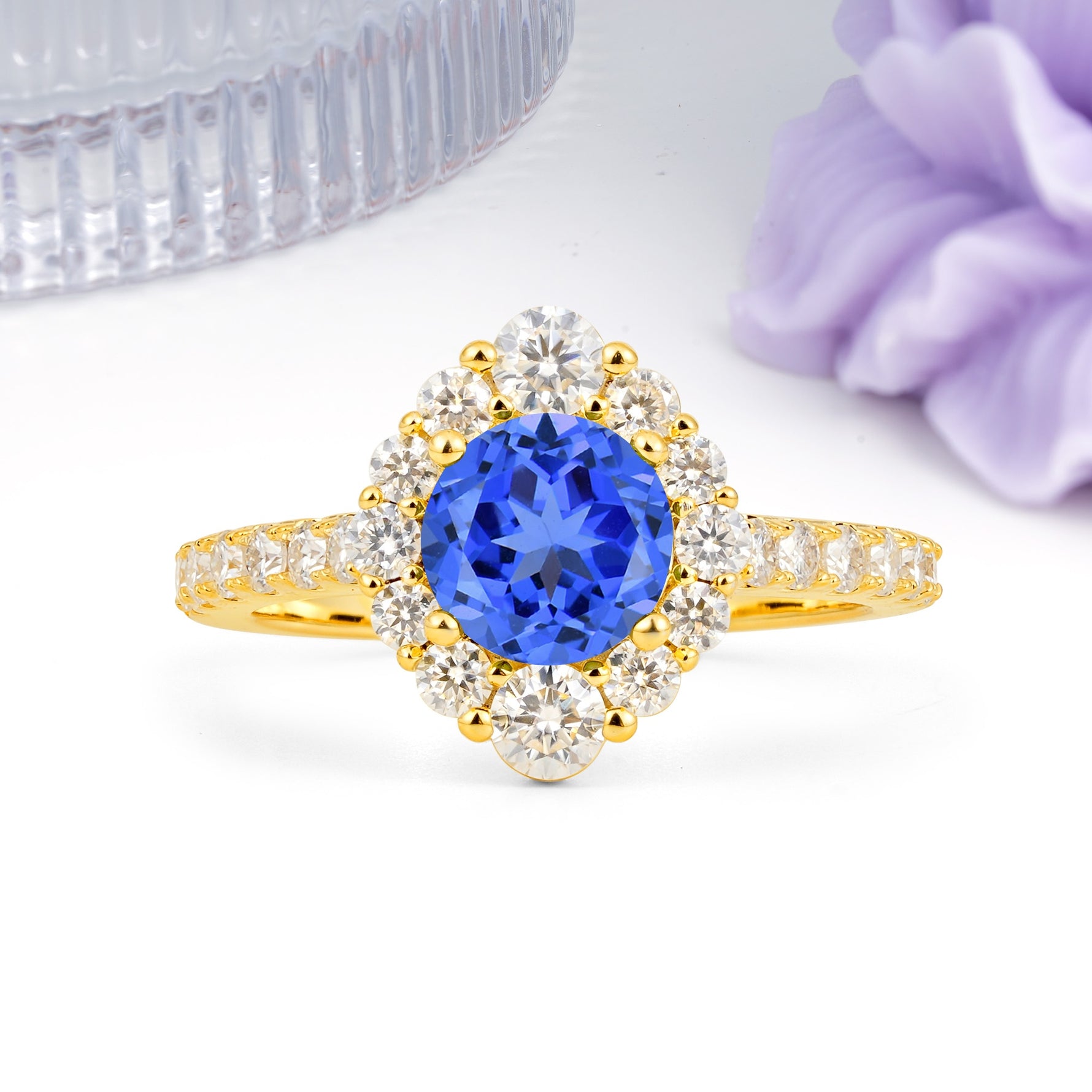 Unique Pavé Setting, Luxurious 4-Prong Round Cut Sapphire Engagement Ring - Additional view