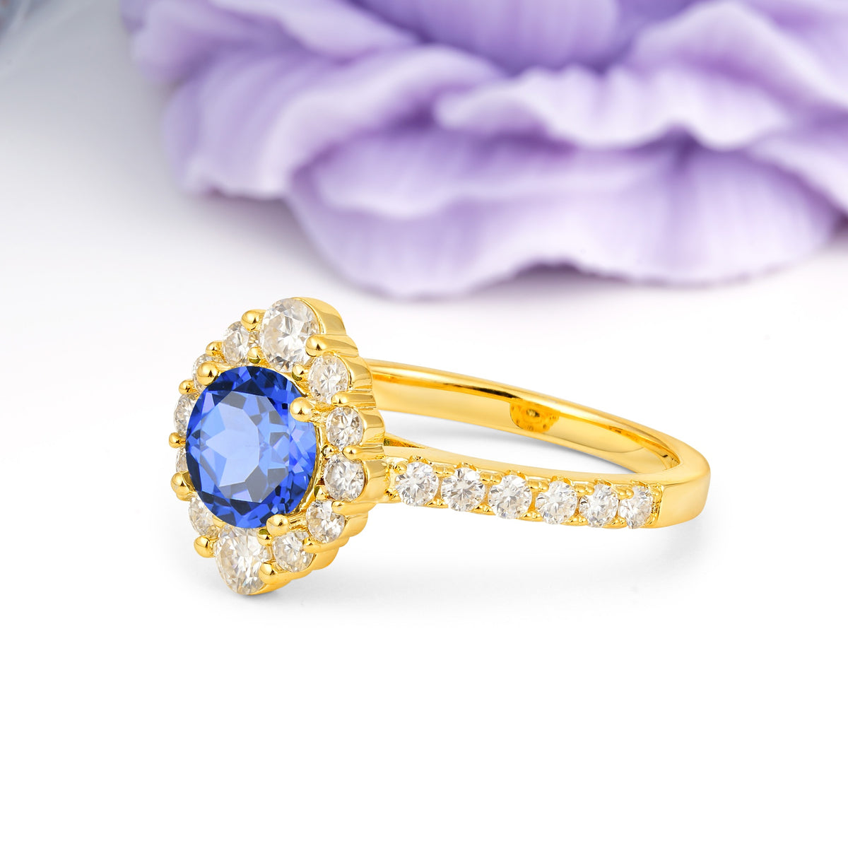 Unique Pavé Setting, Luxurious 4-Prong Round Cut Sapphire Engagement Ring - Additional view