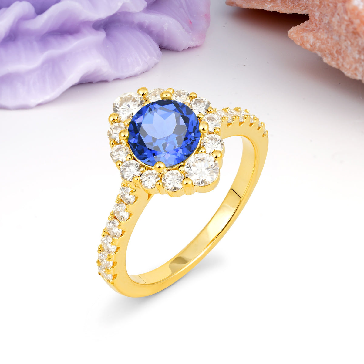 Unique Pavé Setting, Luxurious 4-Prong Round Cut Sapphire Engagement Ring - Additional view
