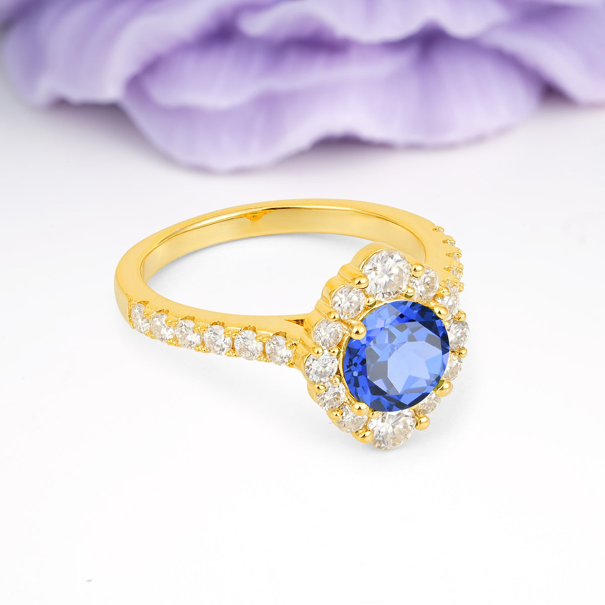 Unique Pavé Setting, Luxurious 4-Prong Round Cut Sapphire Engagement Ring - Additional view