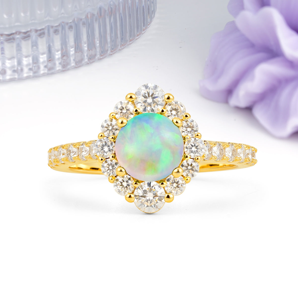 Unique Pavé Setting, Luxurious 4-Prong Round Cut Fire Opal Engagement Ring - Additional view