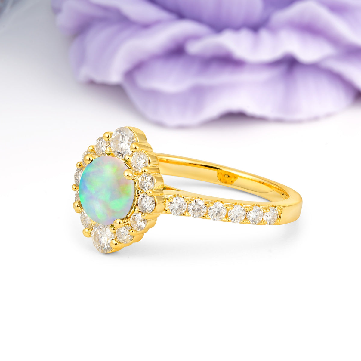 Unique Pavé Setting, Luxurious 4-Prong Round Cut Fire Opal Engagement Ring - Additional view