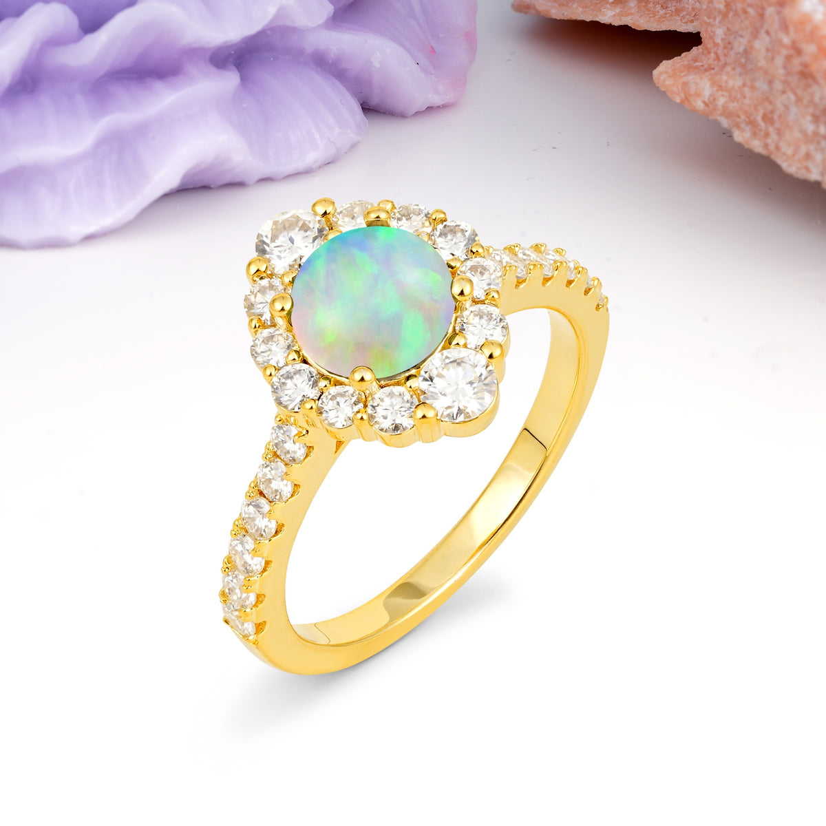 Unique Pavé Setting, Luxurious 4-Prong Round Cut Fire Opal Engagement Ring - Additional view