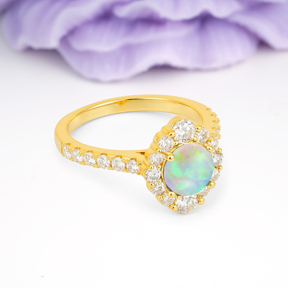 Unique Pavé Setting, Luxurious 4-Prong Round Cut Fire Opal Engagement Ring - Additional view