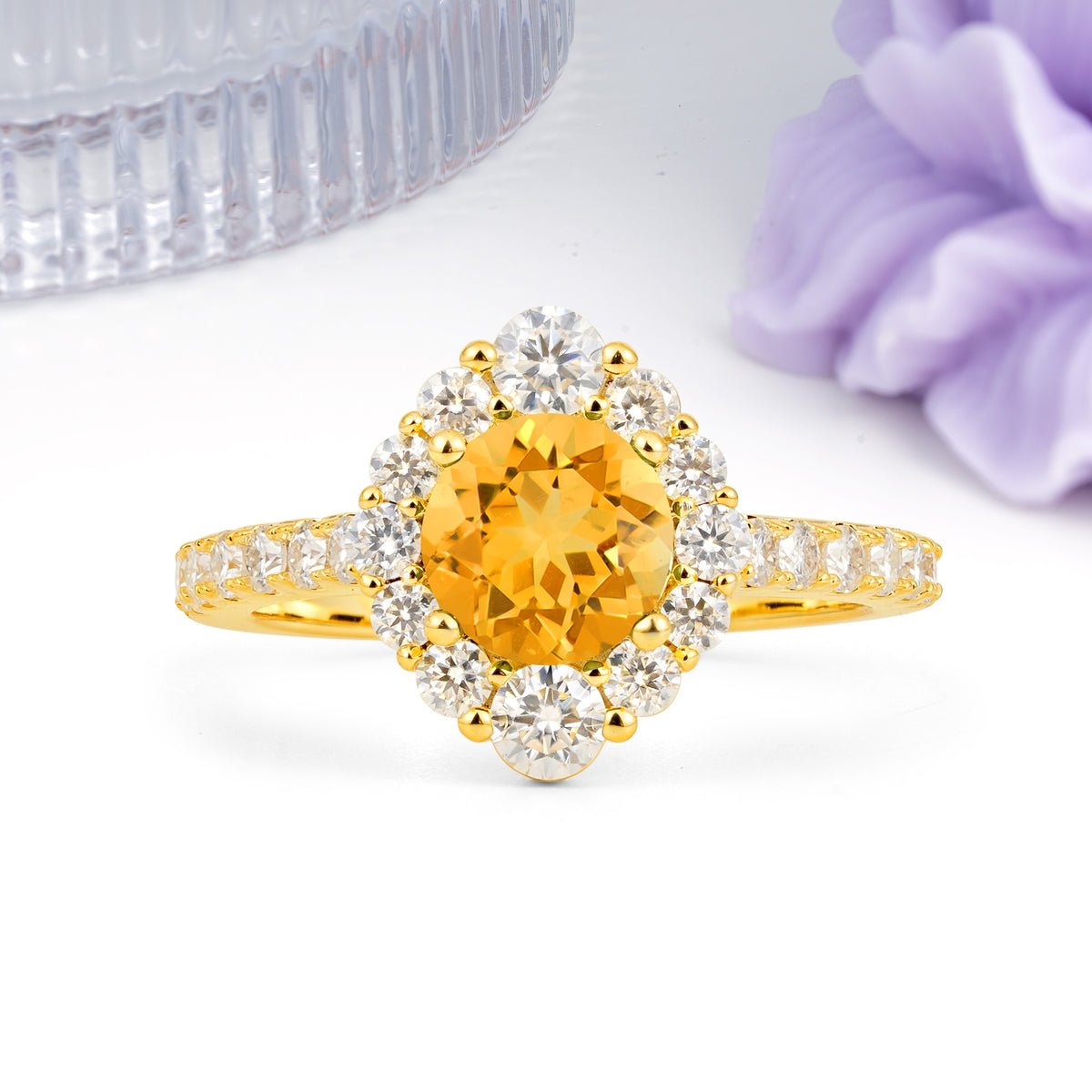 Unique Pavé Setting, Luxurious 4-Prong Round Cut Citrine Engagement Ring - Additional view