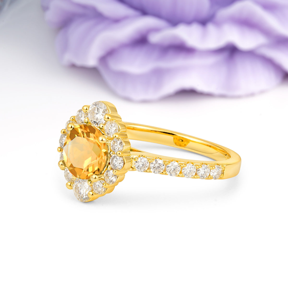 Unique Pavé Setting, Luxurious 4-Prong Round Cut Citrine Engagement Ring - Additional view