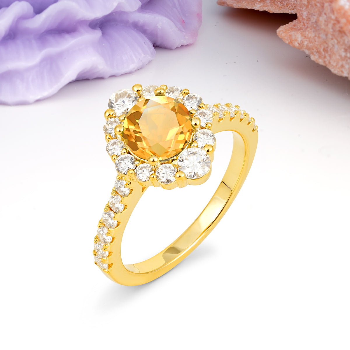 Unique Pavé Setting, Luxurious 4-Prong Round Cut Citrine Engagement Ring - Additional view