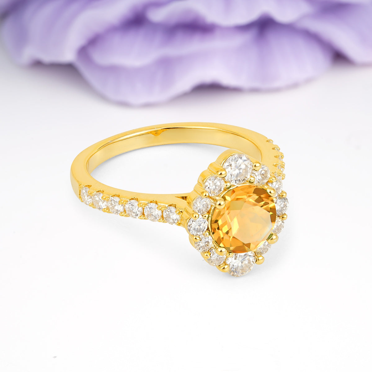Unique Pavé Setting, Luxurious 4-Prong Round Cut Citrine Engagement Ring - Additional view