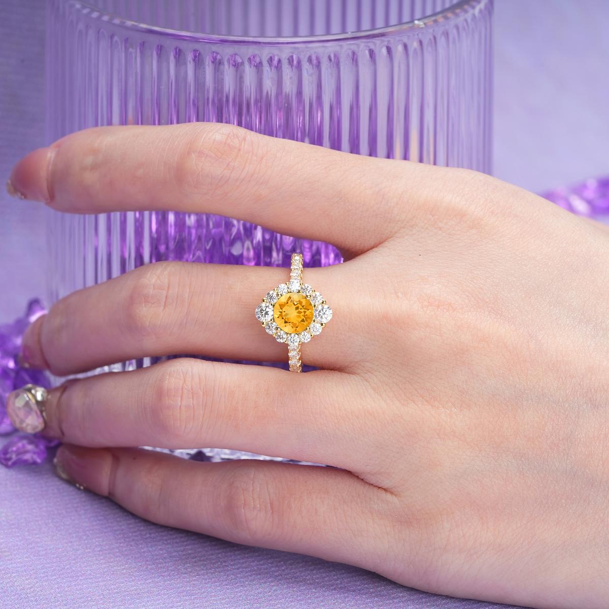 Unique Pavé Setting, Luxurious 4-Prong Round Cut Citrine Engagement Ring