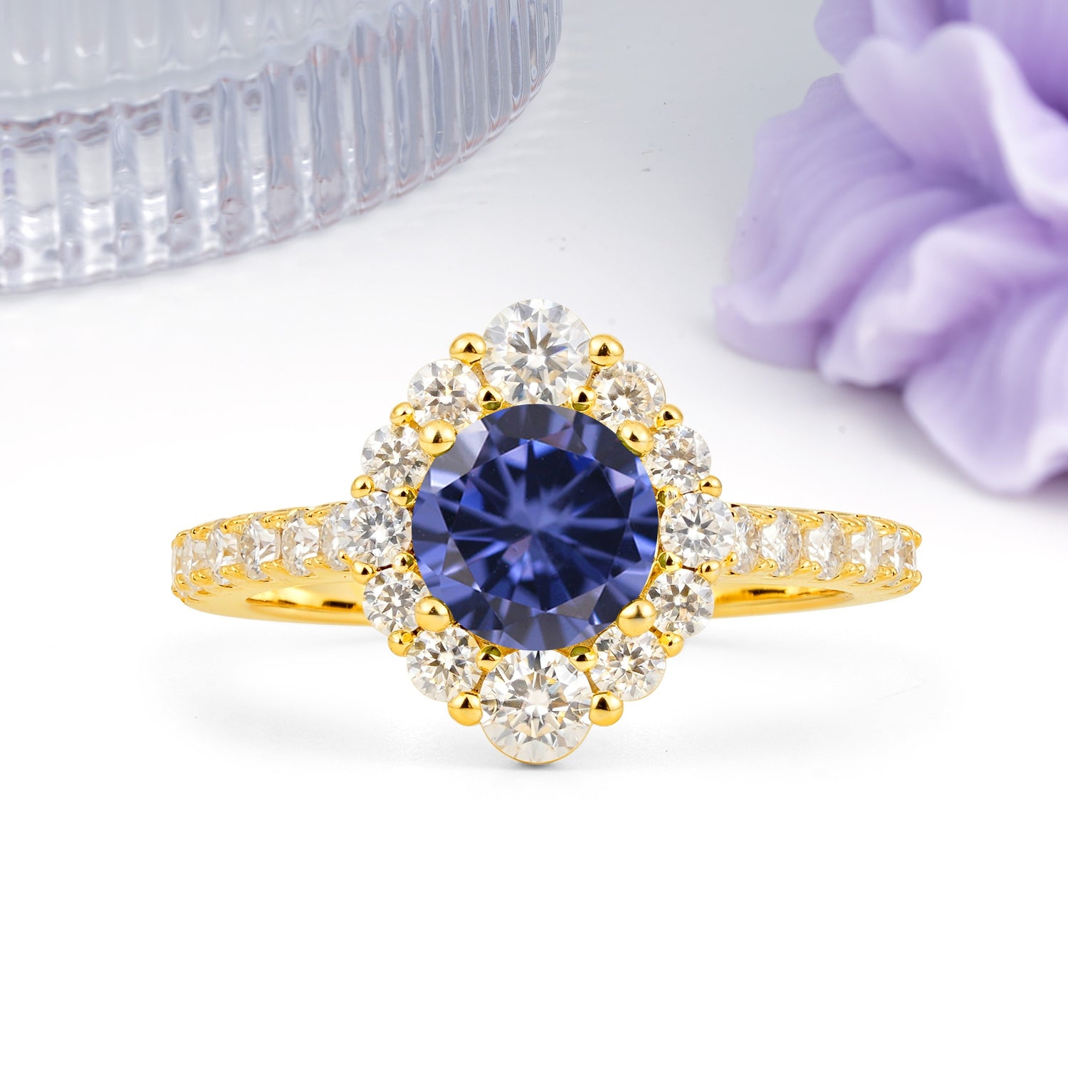 Unique Pavé Setting, Luxurious 4-Prong Round Cut Tanzanite Engagement Ring - Additional view