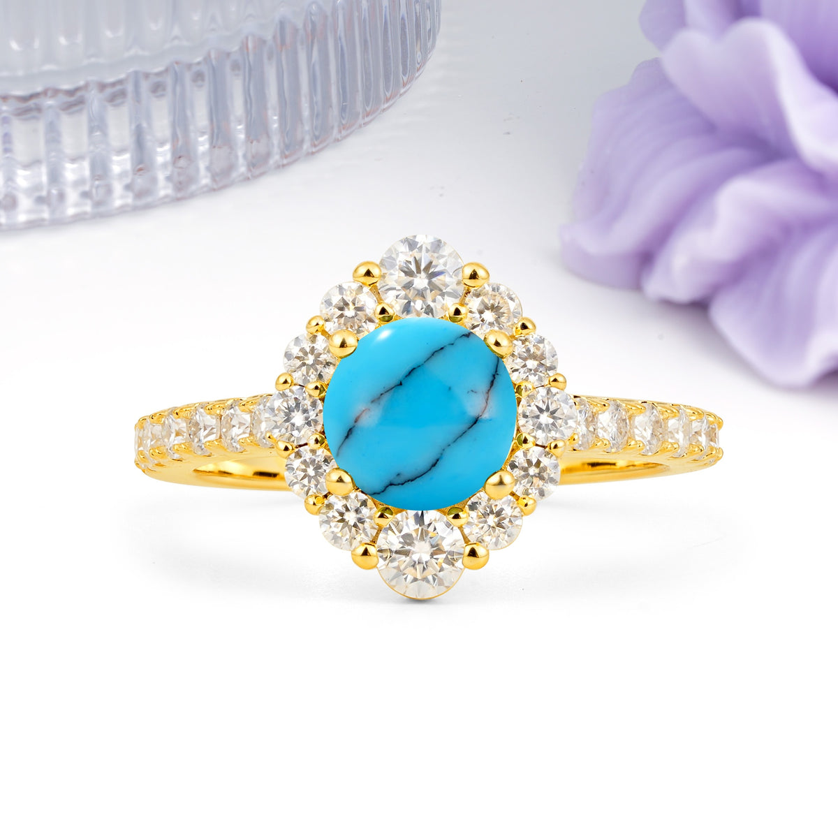 Unique Pavé Setting, Luxurious 4-Prong Round Cut Turquoise Engagement Ring - Additional view