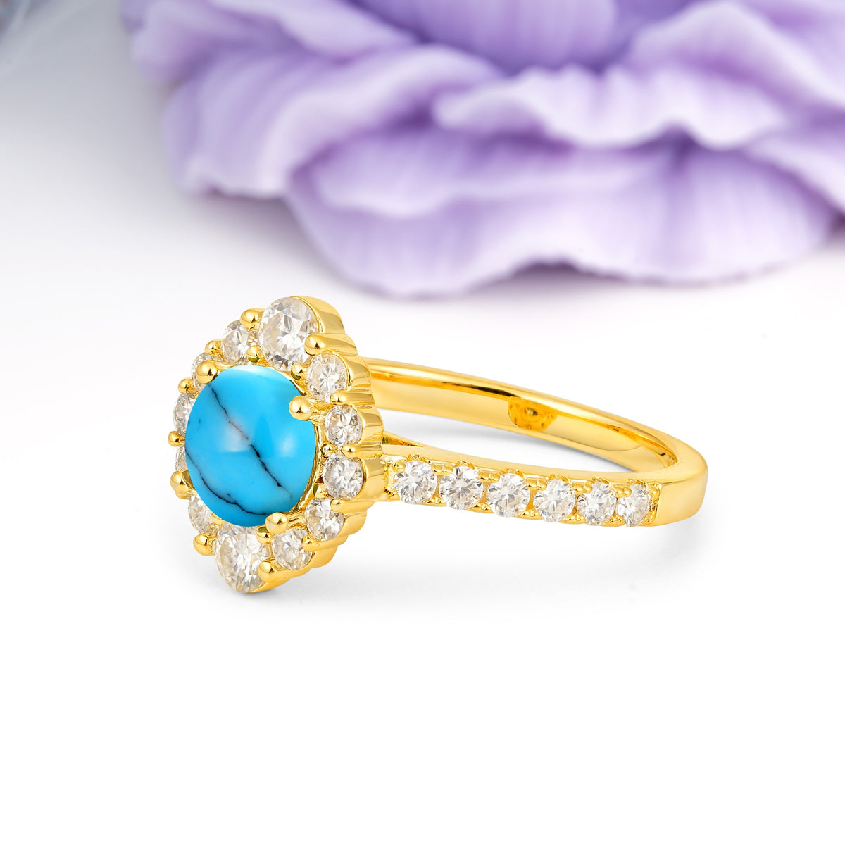 Unique Pavé Setting, Luxurious 4-Prong Round Cut Turquoise Engagement Ring - Additional view