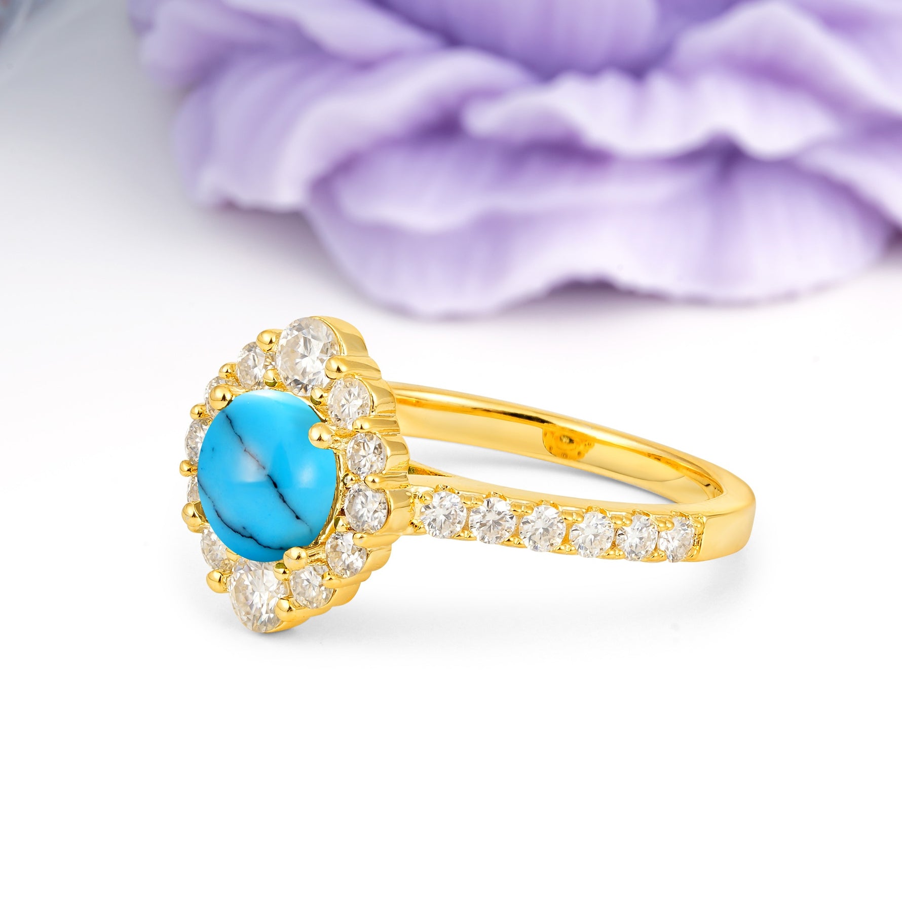 Unique Pavé Setting, Luxurious 4-Prong Round Cut Turquoise Engagement Ring - Additional view