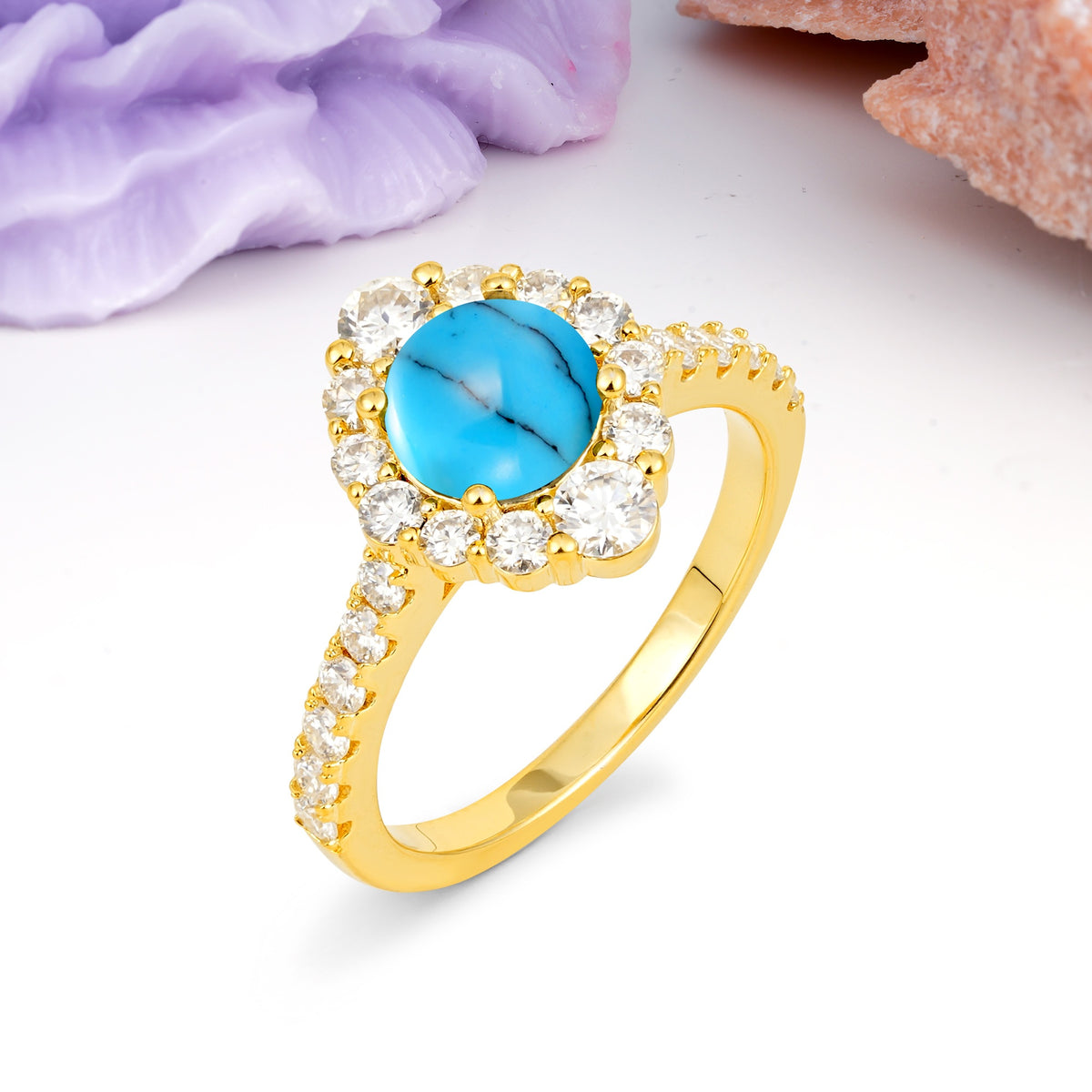 Unique Pavé Setting, Luxurious 4-Prong Round Cut Turquoise Engagement Ring - Additional view