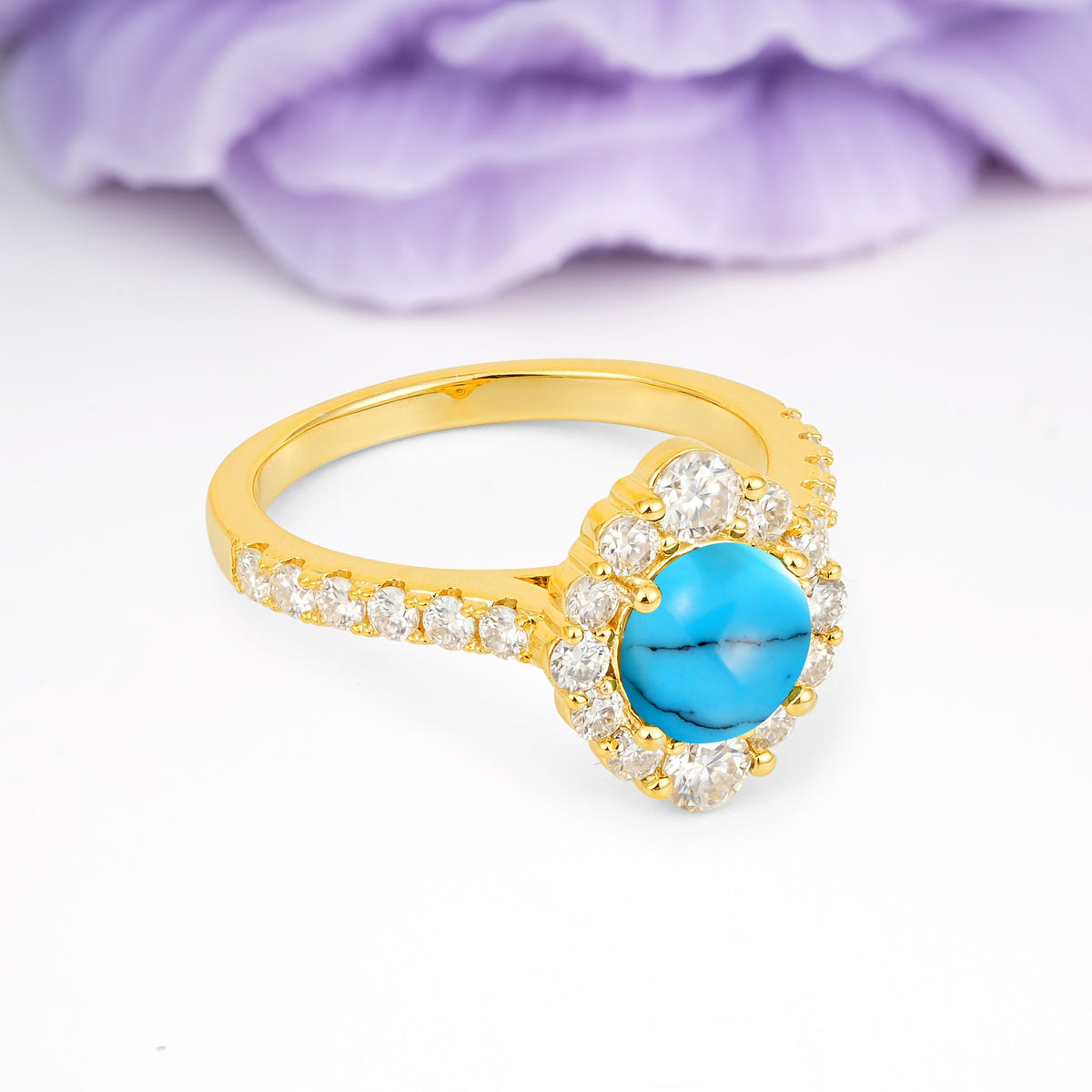 Unique Pavé Setting, Luxurious 4-Prong Round Cut Turquoise Engagement Ring - Additional view