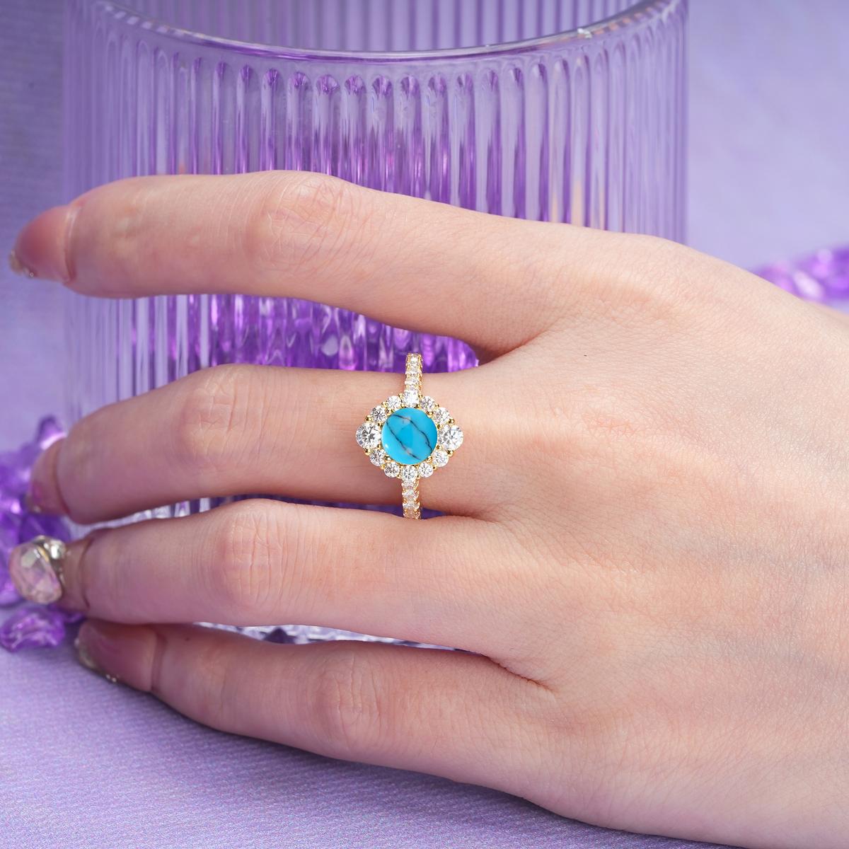 Unique Pavé Setting, Luxurious 4-Prong Round Cut Turquoise Engagement Ring