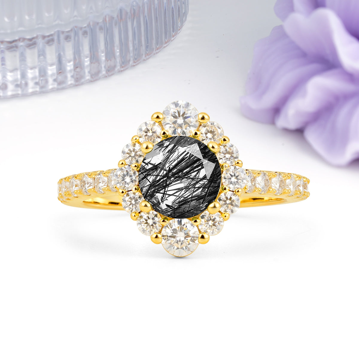 Unique Pavé Setting, Luxurious 4-Prong Round Cut Black Rutilated Quartz Engagement Ring - Additional view