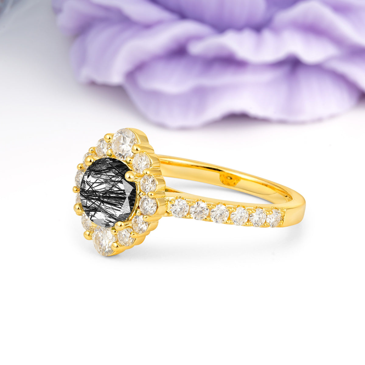 Unique Pavé Setting, Luxurious 4-Prong Round Cut Black Rutilated Quartz Engagement Ring - Additional view