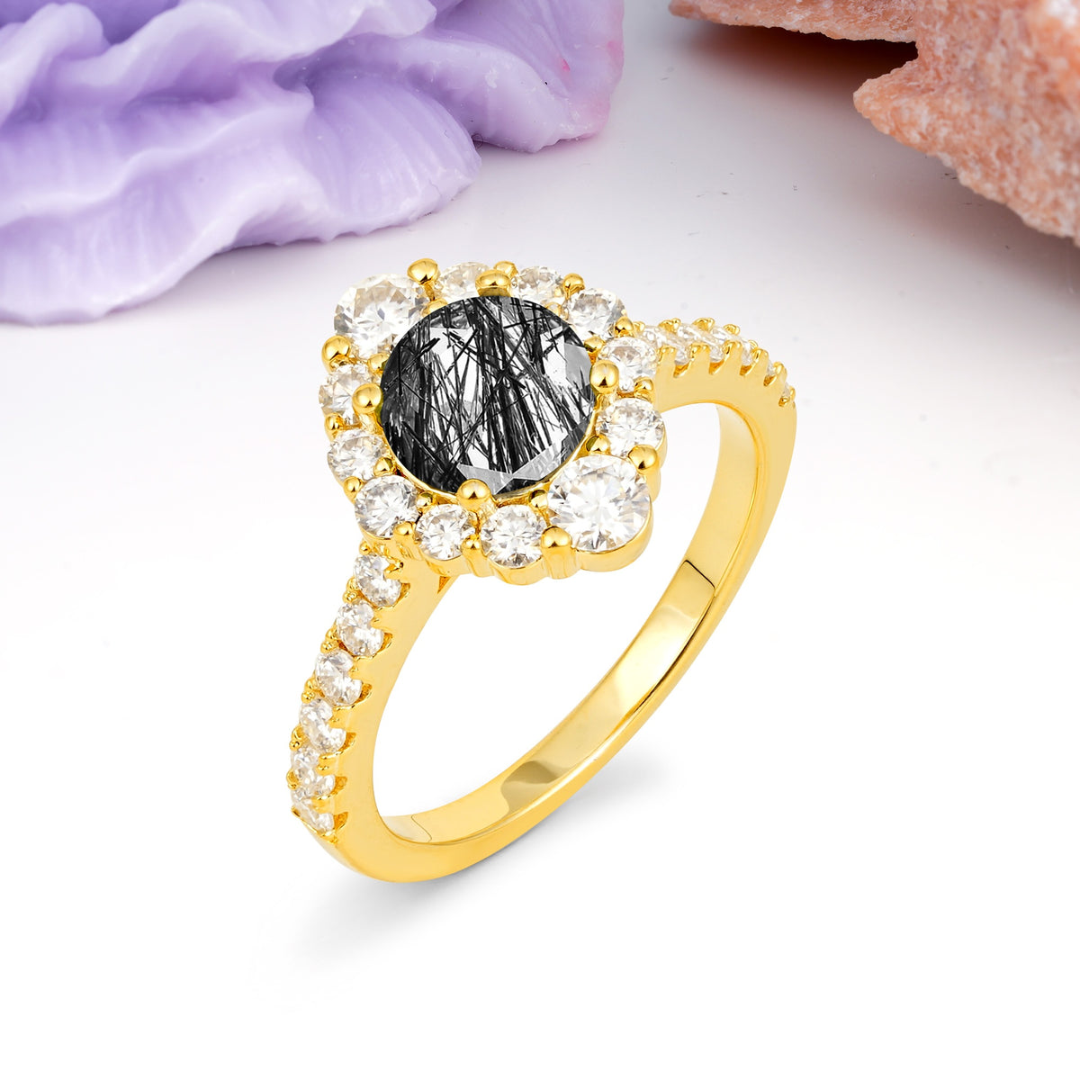 Unique Pavé Setting, Luxurious 4-Prong Round Cut Black Rutilated Quartz Engagement Ring - Additional view