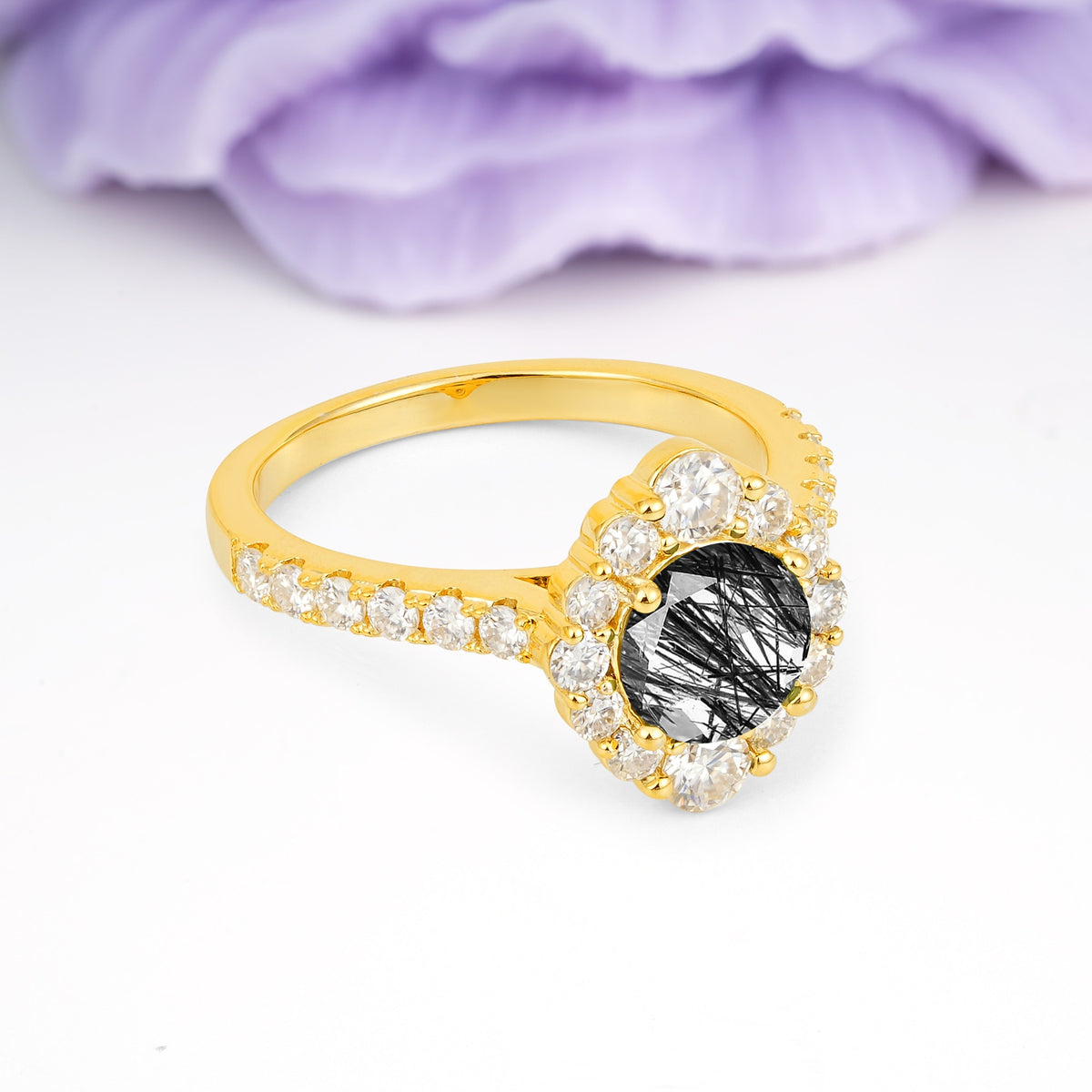 Unique Pavé Setting, Luxurious 4-Prong Round Cut Black Rutilated Quartz Engagement Ring - Additional view
