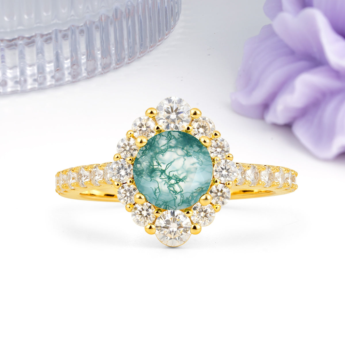 Unique Pavé Setting, Luxurious 4-Prong Round Cut Moss Agate Engagement Ring - Additional view