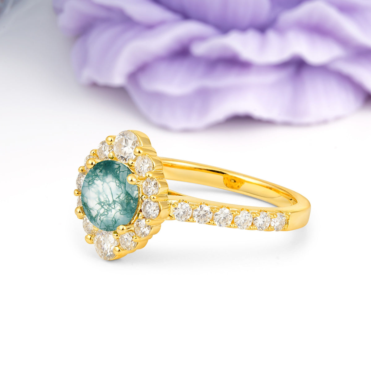 Unique Pavé Setting, Luxurious 4-Prong Round Cut Moss Agate Engagement Ring - Additional view