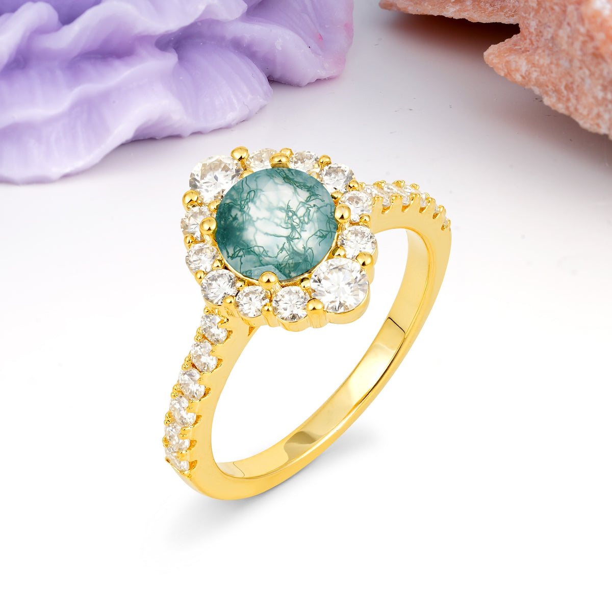 Unique Pavé Setting, Luxurious 4-Prong Round Cut Moss Agate Engagement Ring - Additional view