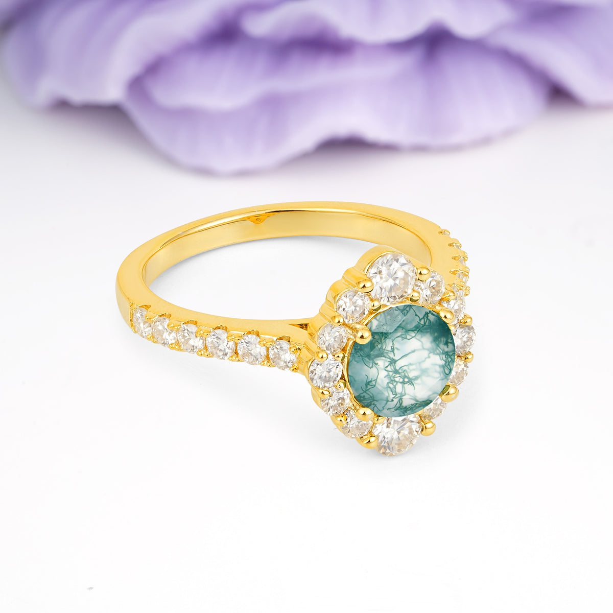 Unique Pavé Setting, Luxurious 4-Prong Round Cut Moss Agate Engagement Ring - Additional view