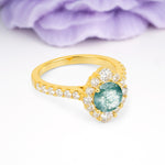 Unique Pavé Setting, Luxurious 4-Prong Round Cut Moss Agate Engagement Ring - Additional view