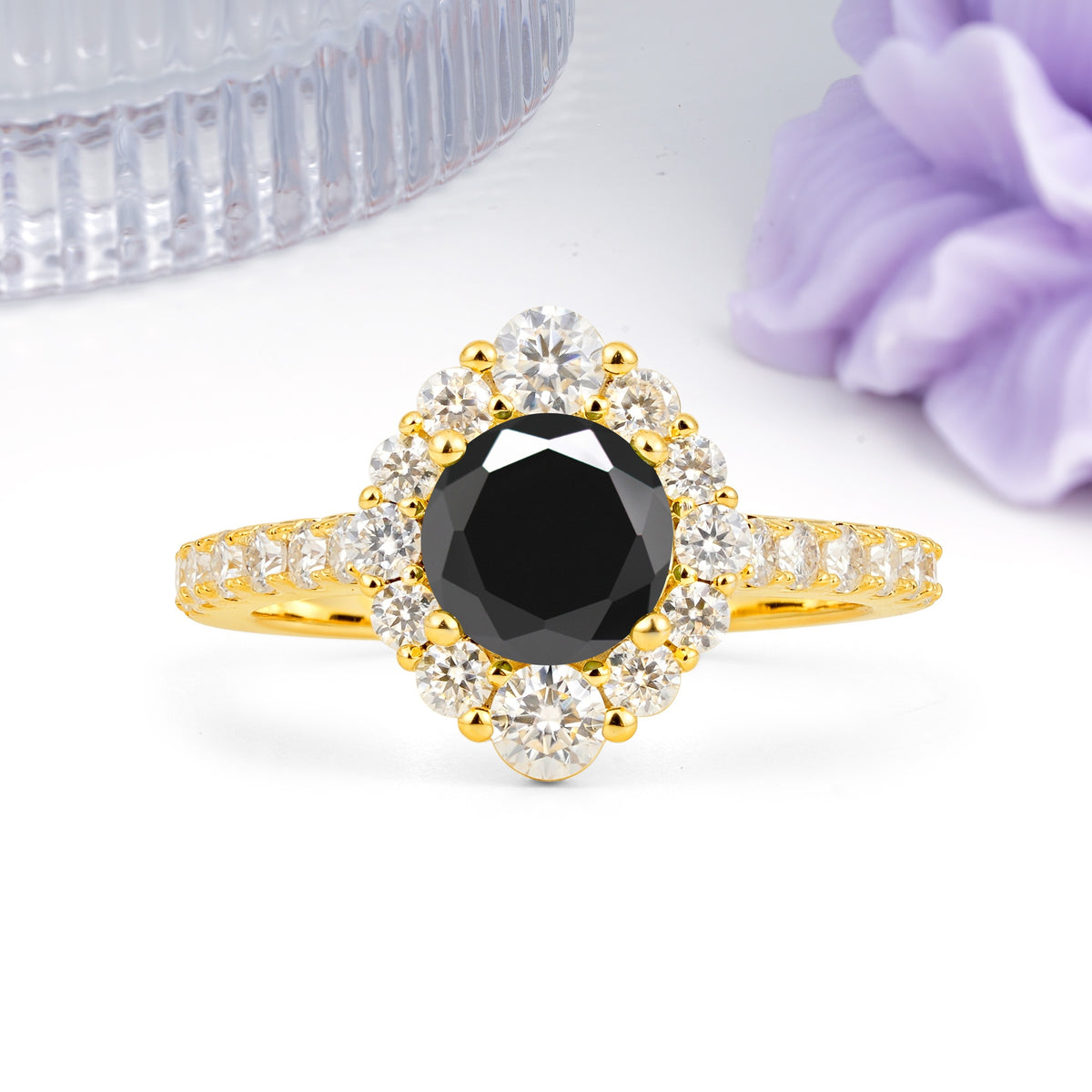 Unique Pavé Setting, Luxurious 4-Prong Round Cut Black Onyx Engagement Ring - Additional view
