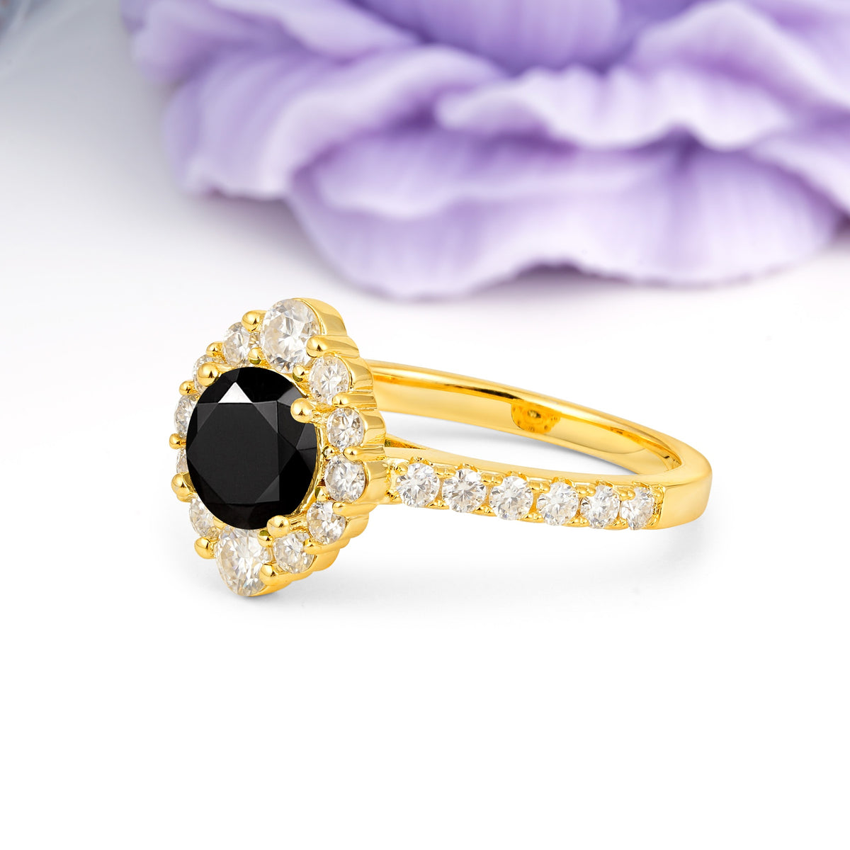 Unique Pavé Setting, Luxurious 4-Prong Round Cut Black Onyx Engagement Ring - Additional view
