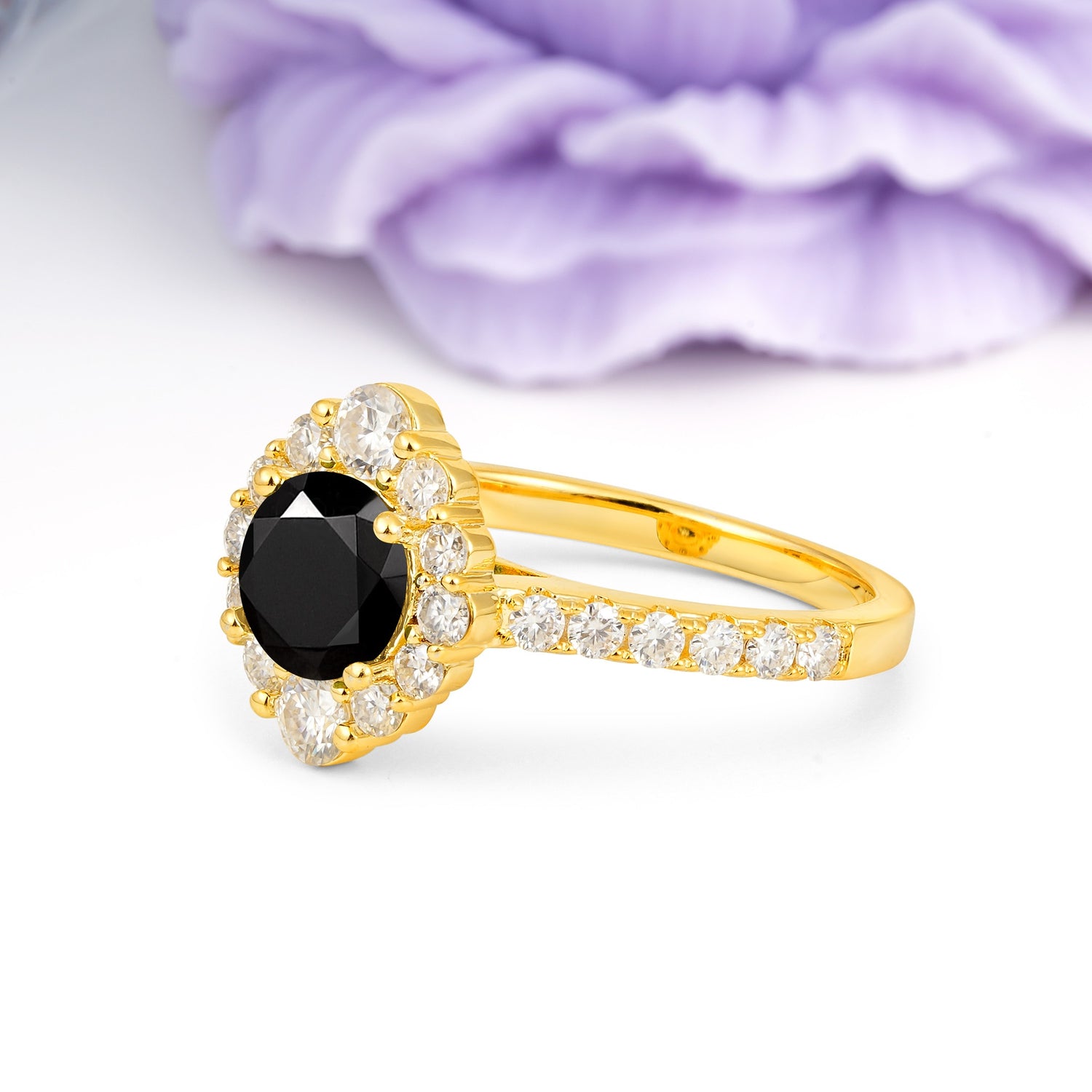 Unique Pavé Setting, Luxurious 4-Prong Round Cut Black Onyx Engagement Ring - Additional view
