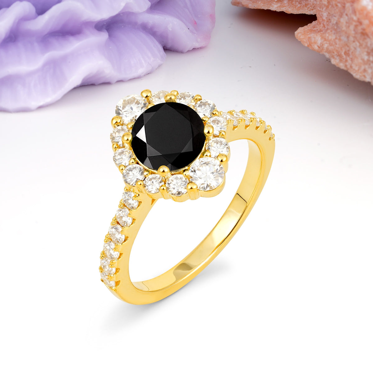 Unique Pavé Setting, Luxurious 4-Prong Round Cut Black Onyx Engagement Ring - Additional view