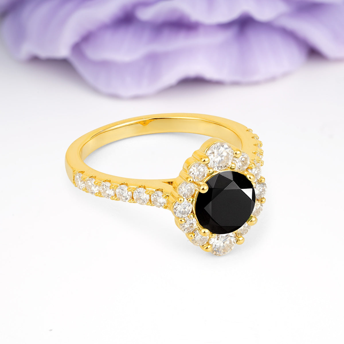 Unique Pavé Setting, Luxurious 4-Prong Round Cut Black Onyx Engagement Ring - Additional view