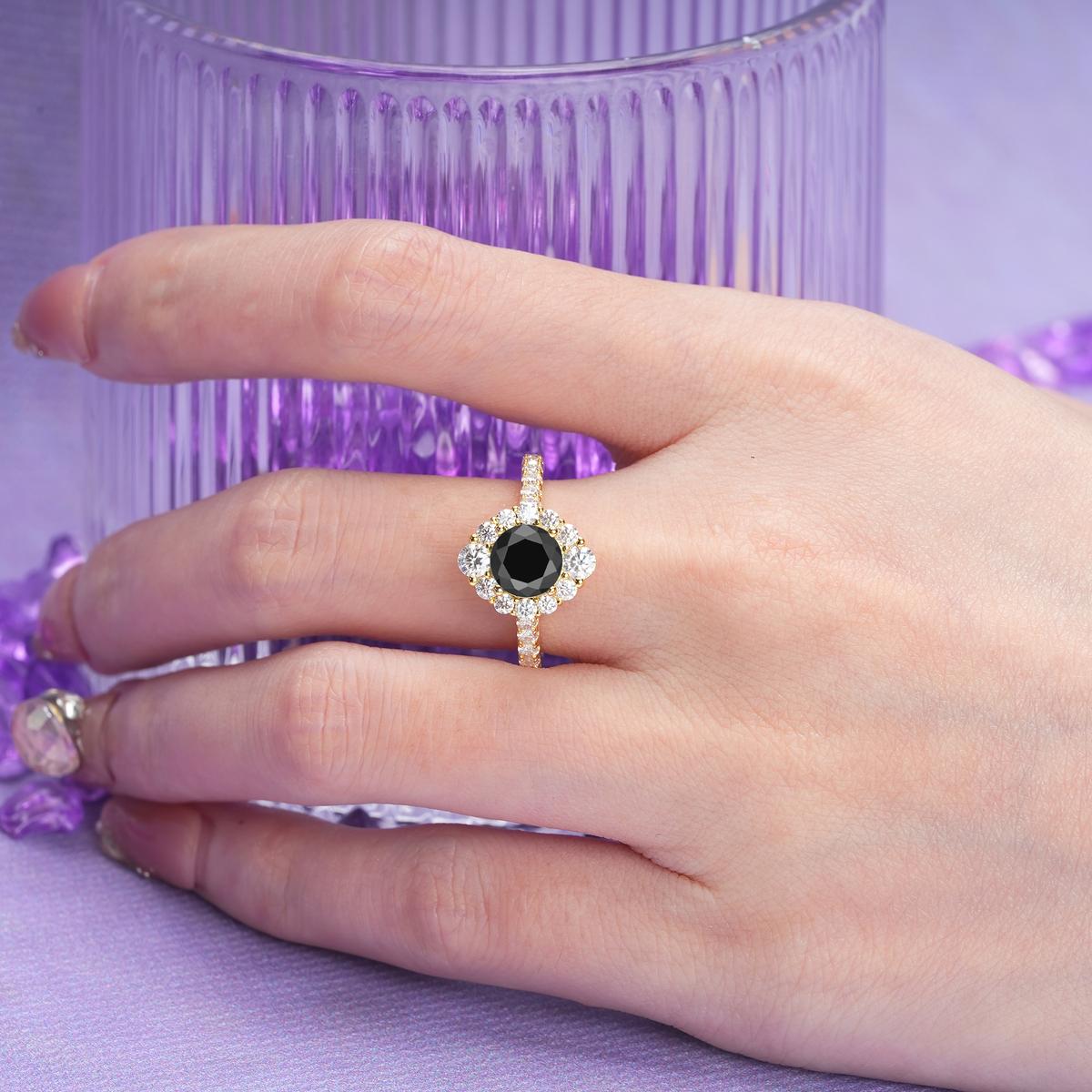 Unique Pavé Setting, Luxurious 4-Prong Round Cut Black Onyx Engagement Ring