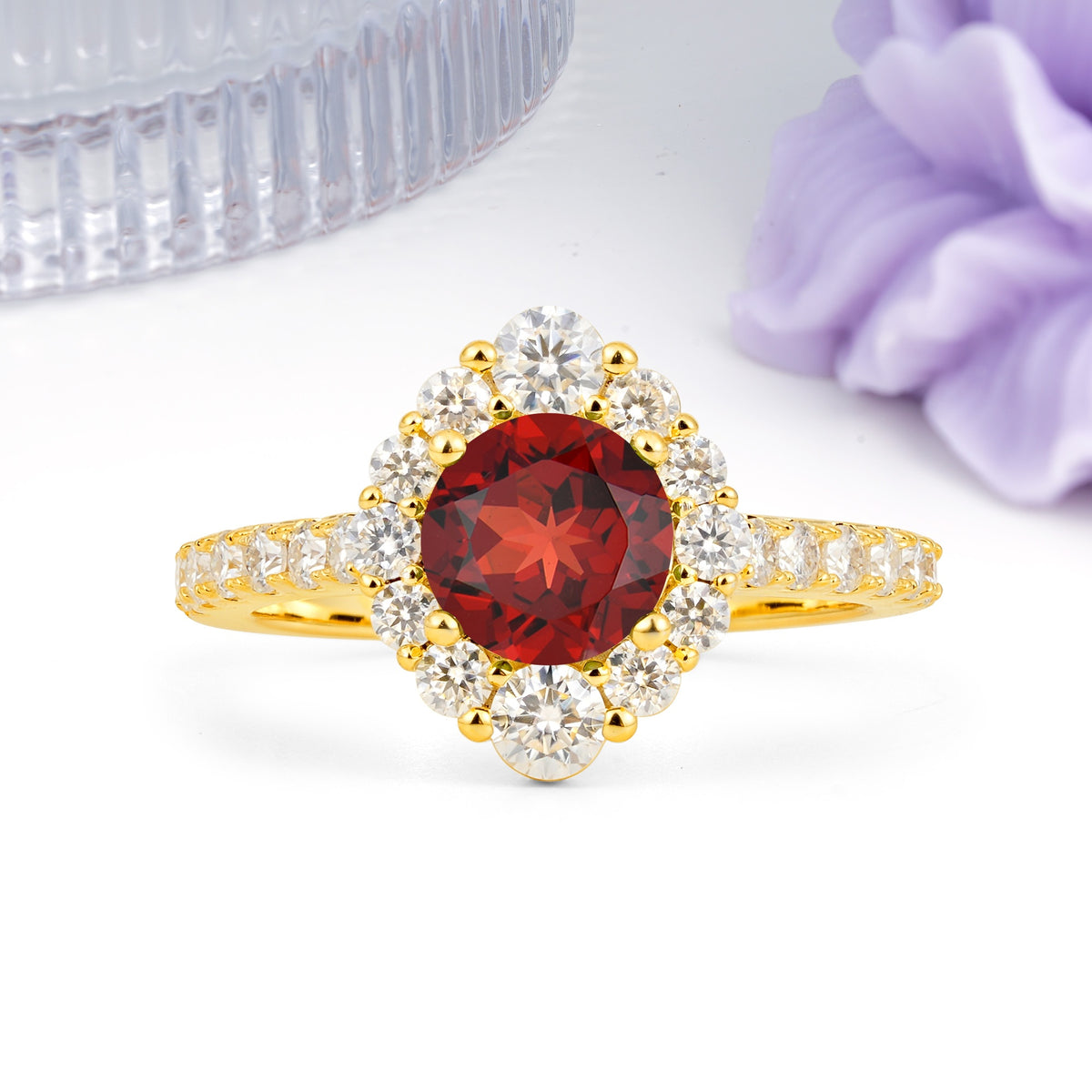 Unique Pavé Setting, Luxurious 4-Prong Round Cut Garnet Engagement Ring - Additional view