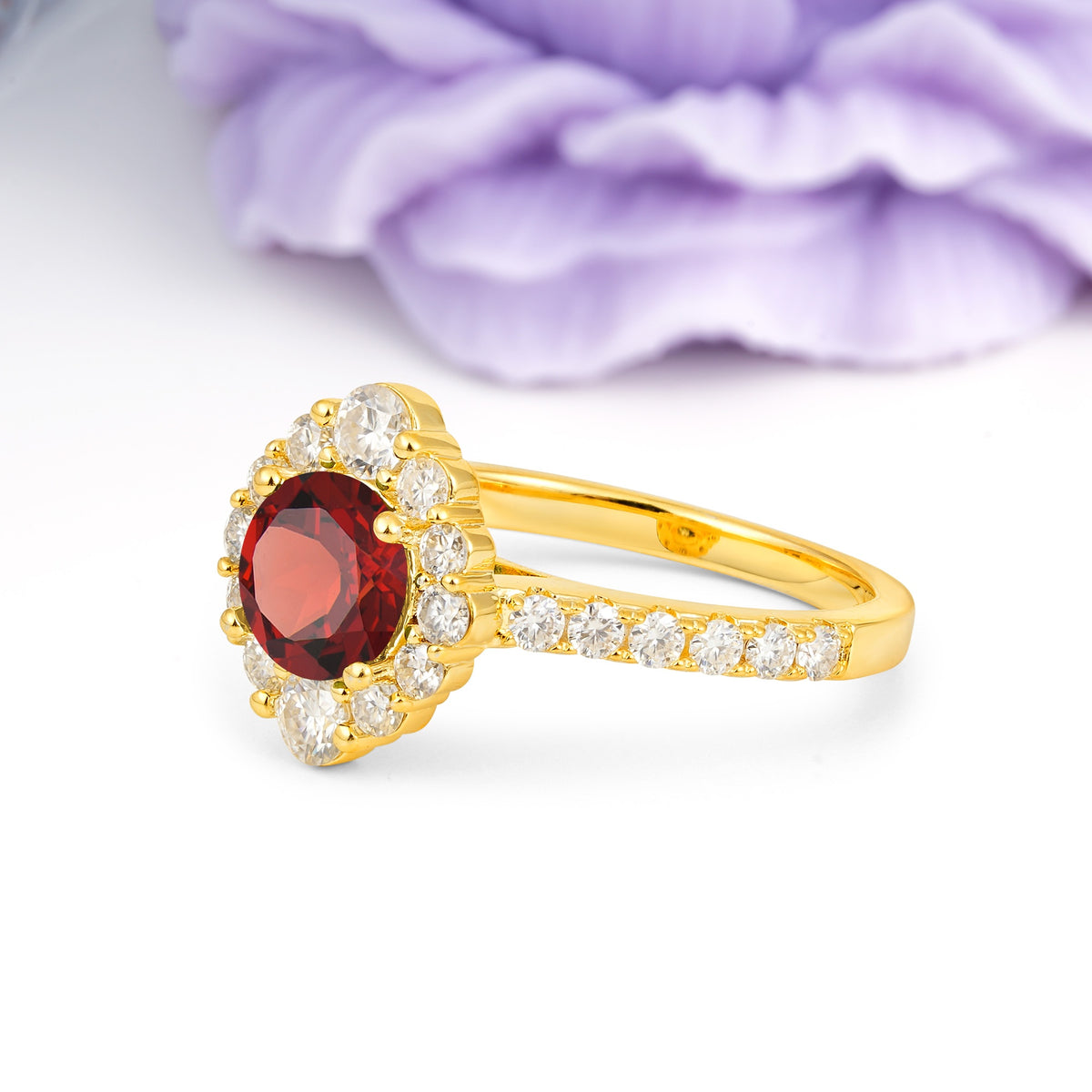 Unique Pavé Setting, Luxurious 4-Prong Round Cut Garnet Engagement Ring - Additional view