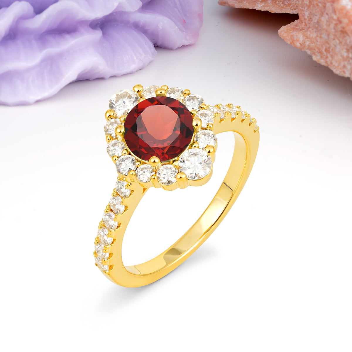 Unique Pavé Setting, Luxurious 4-Prong Round Cut Garnet Engagement Ring - Additional view