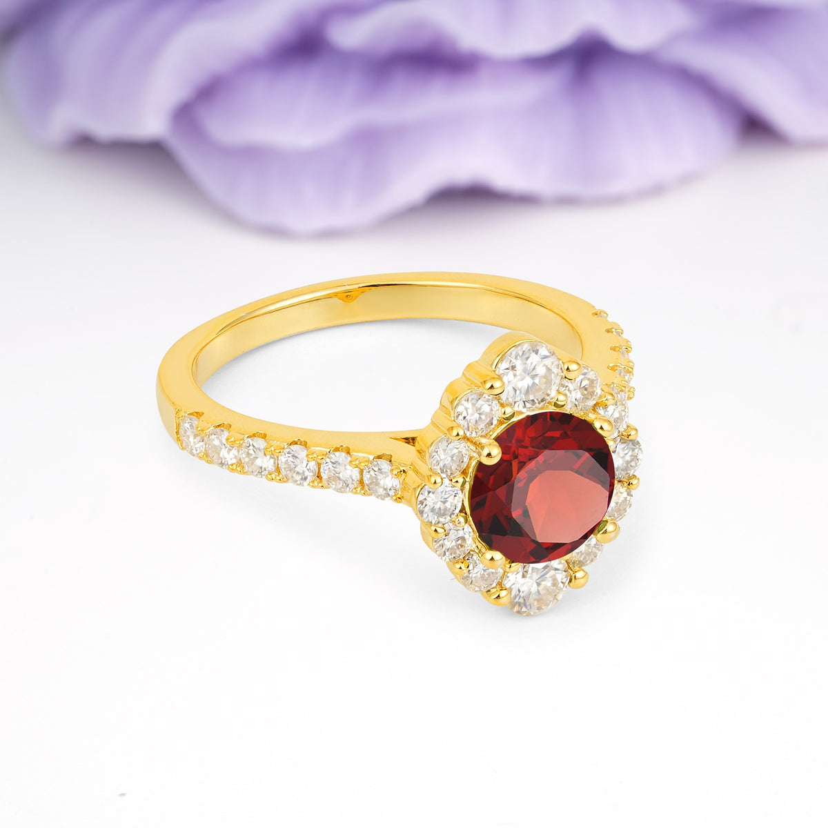 Unique Pavé Setting, Luxurious 4-Prong Round Cut Garnet Engagement Ring - Additional view