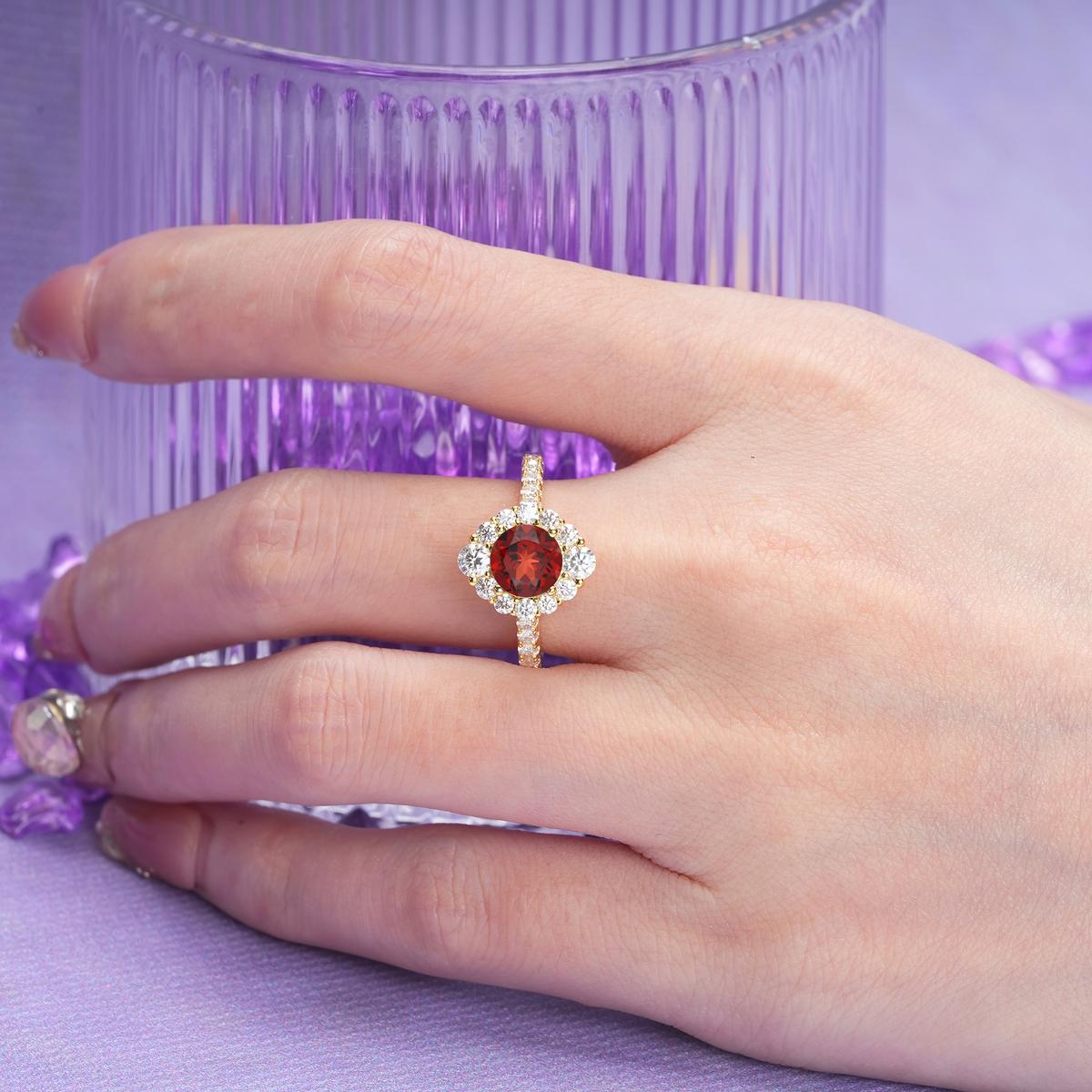 Unique Pavé Setting, Luxurious 4-Prong Round Cut Garnet Engagement Ring