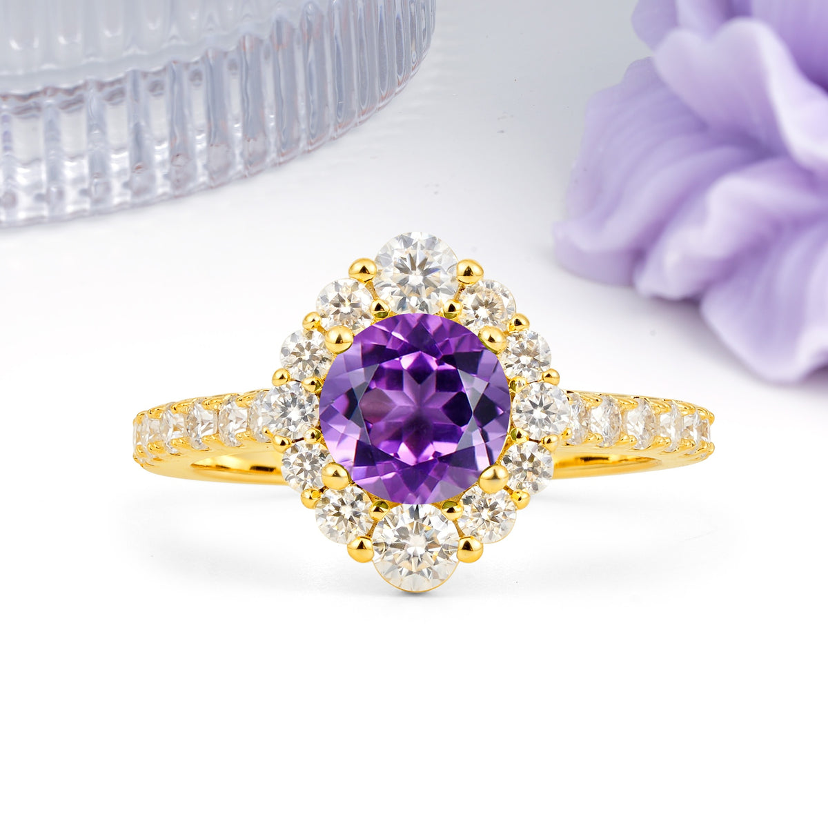 Unique Pavé Setting, Luxurious 4-Prong Round Cut Amethyst Engagement Ring - Additional view